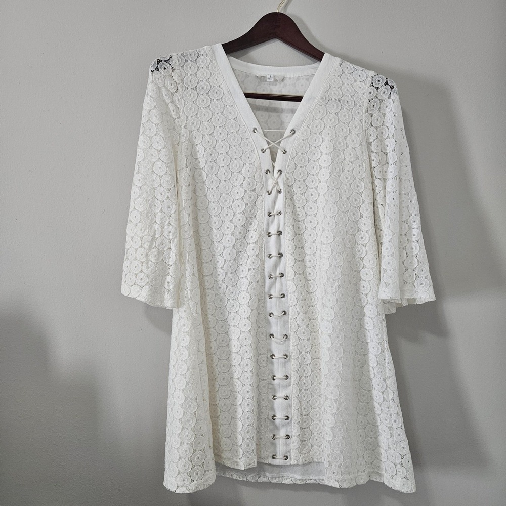 Peach Love California White Lace Up Grommet Tunic Mini Dress Small D92064N